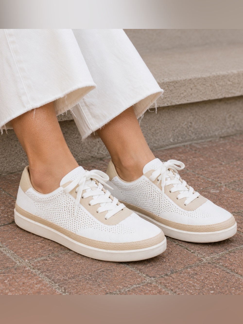Vionic Galia Knit Lace-Up Sneakers | Women’s Size 7.5 | White & Beige